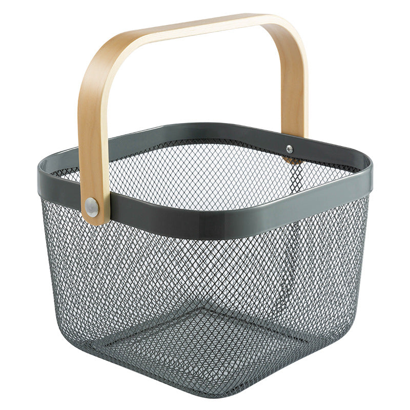 Wire Storage Basket With Wooden Handle - Small